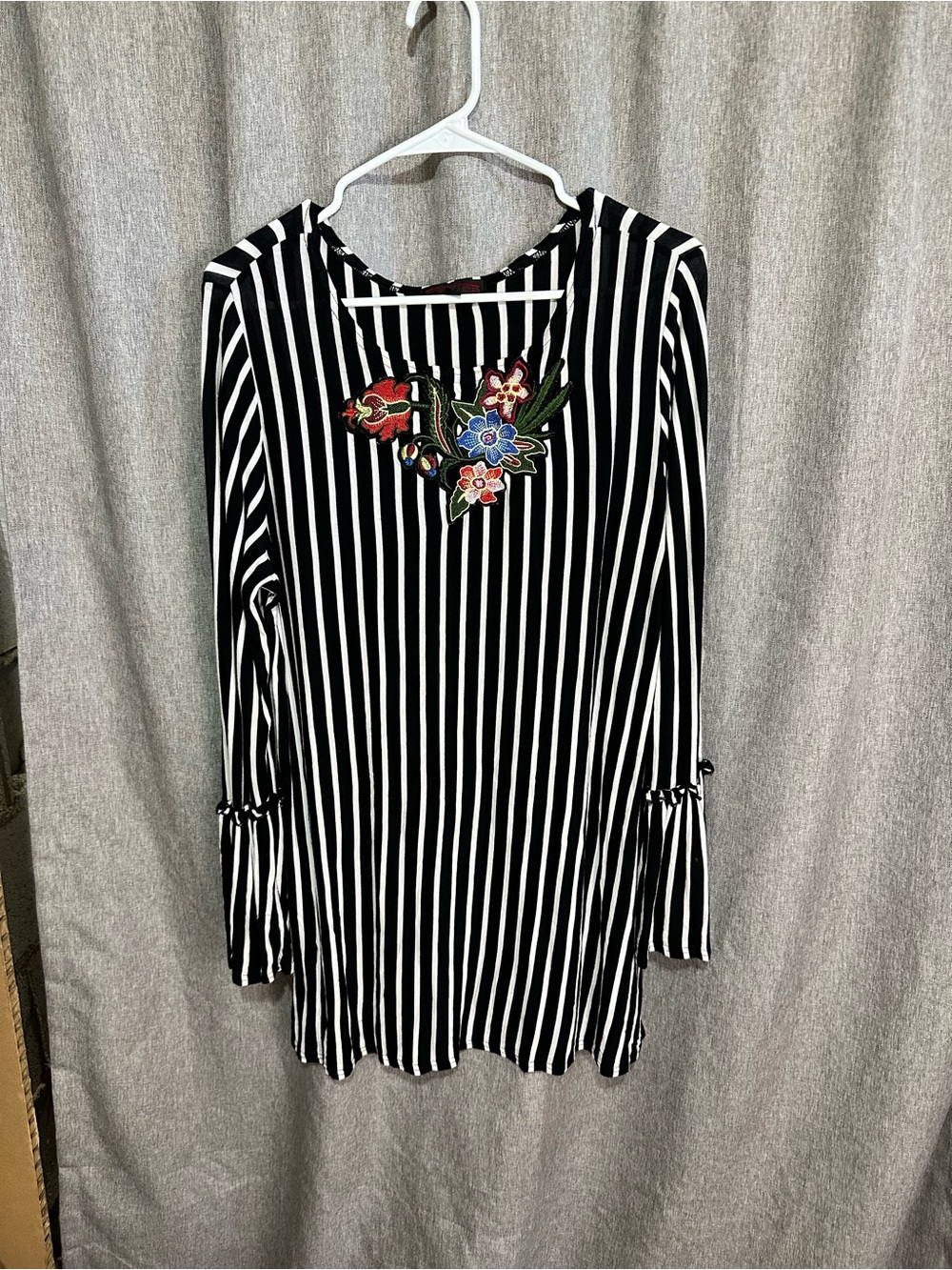 Black & White Striped Women's Top with Floral Embroidery